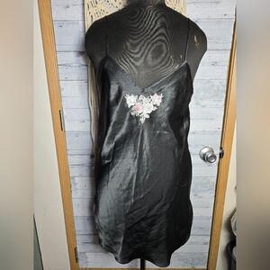 Vtg 80's 90's Elegant Black Satin Floral Embroidered Slip Dress